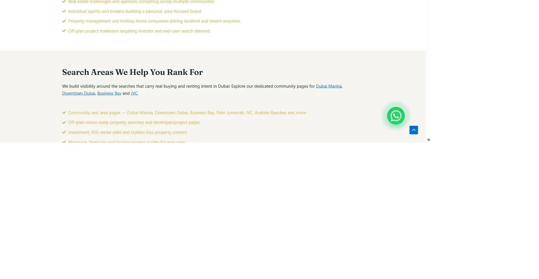 Gulf Rank Media real estate service page showing contextual internal links to Dubai Marina, Downtown Dubai, Business Bay, and JVC community pages