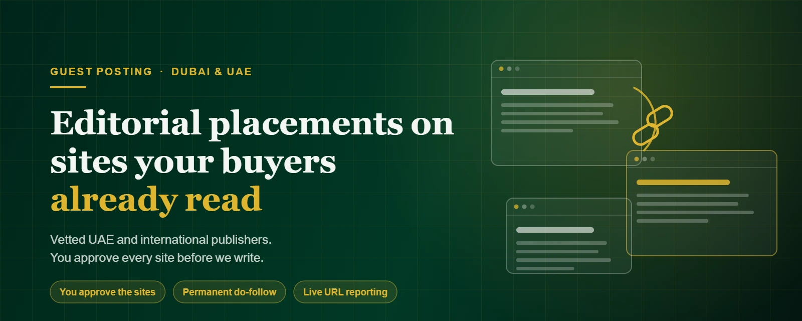 Illustration of editorial guest post placements on vetted UAE publisher sites for Dubai real estate and wellness brands