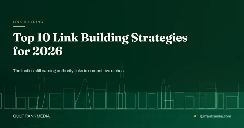 Dubai skyline banner illustration for a list of link building strategies for 2026