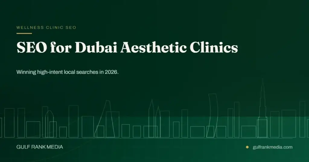 Illustrated Dubai skyline banner for a guide to SEO for aesthetic clinics in Dubai